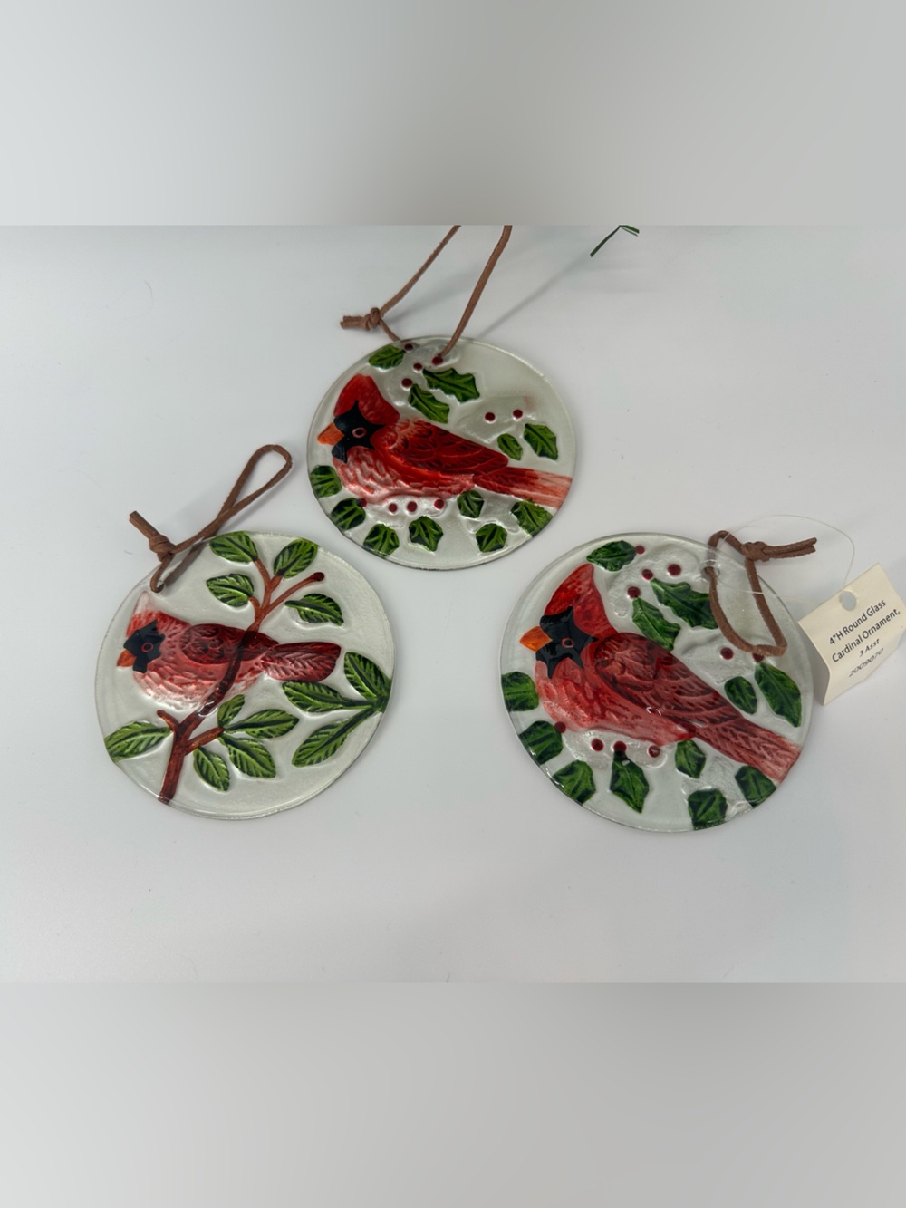 Red Cardinal Glass 4 inch leather string Ornament - Set of 3 Christmas Decor